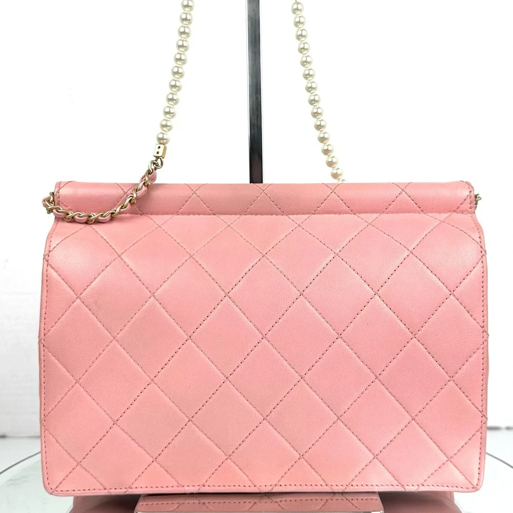 CHANEL Pink Quilted Lambskin Flap Bag with Pearl-Accented Chain